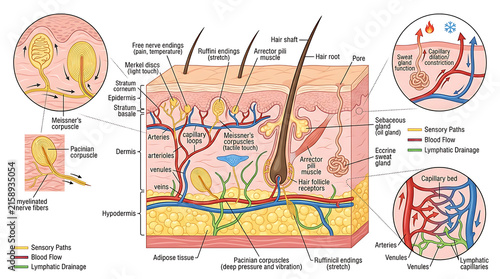 Obraz na płótnie Detailed Anatomical Diagram of Human Skin Layers showing Sensory Receptors, Bloo