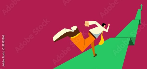Businessman running toward rising staircase arrow symbolizing growth ambition success