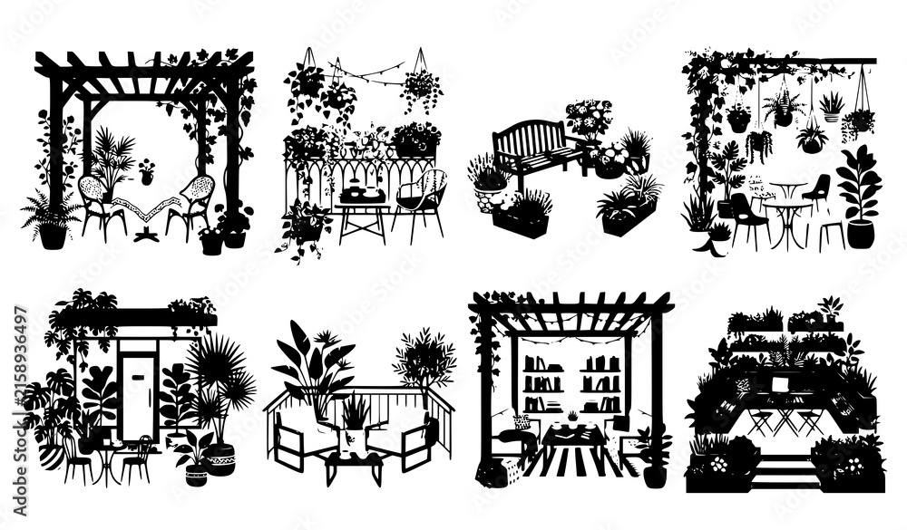 Fototapeta premium Botanical Outdoor Café Terrace Balcony Pergola and Patio Vector Illustration Collection