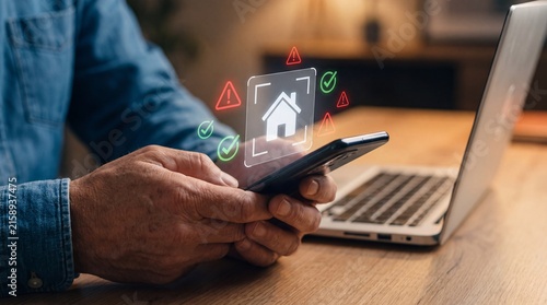 Person monitors home security via holographic interface on smartphone