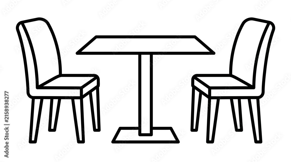 Fototapeta premium Minimalist black outline illustration featuring two simple chairs arranged around a rectangular dining room table