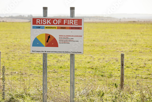 Risk Of Fire Warning Sign In Rural Field Indicating Fire Danger Levels And Safety Advice