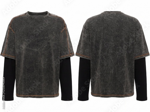 Front and back view of oversized charcoal acid wash layered long sleeve t-shirt mockup