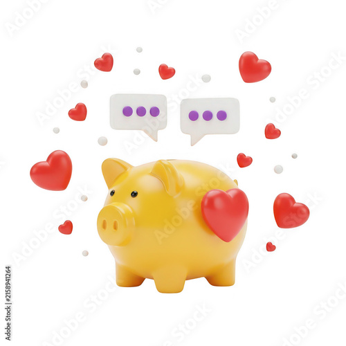 A piggy bank with hearts and chat bubbles isolated on transparent background