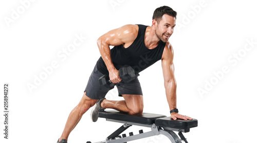 Athletic man performing dumbbell row on weight bench, muscular male athlete training back muscles, fitness workout in gym isolated PNG with Transparent Background