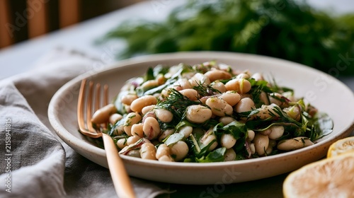 A bowl of white bean salad mixed with fresh green herbs  served on a ceramic plate with a fork and lemon wedge
