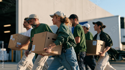 A shipping logistics coordinator and her diverse team of five workers move archive boxes through an eerily empty warehouse district loading dock, the desolate concrete landscape surrounding them rei