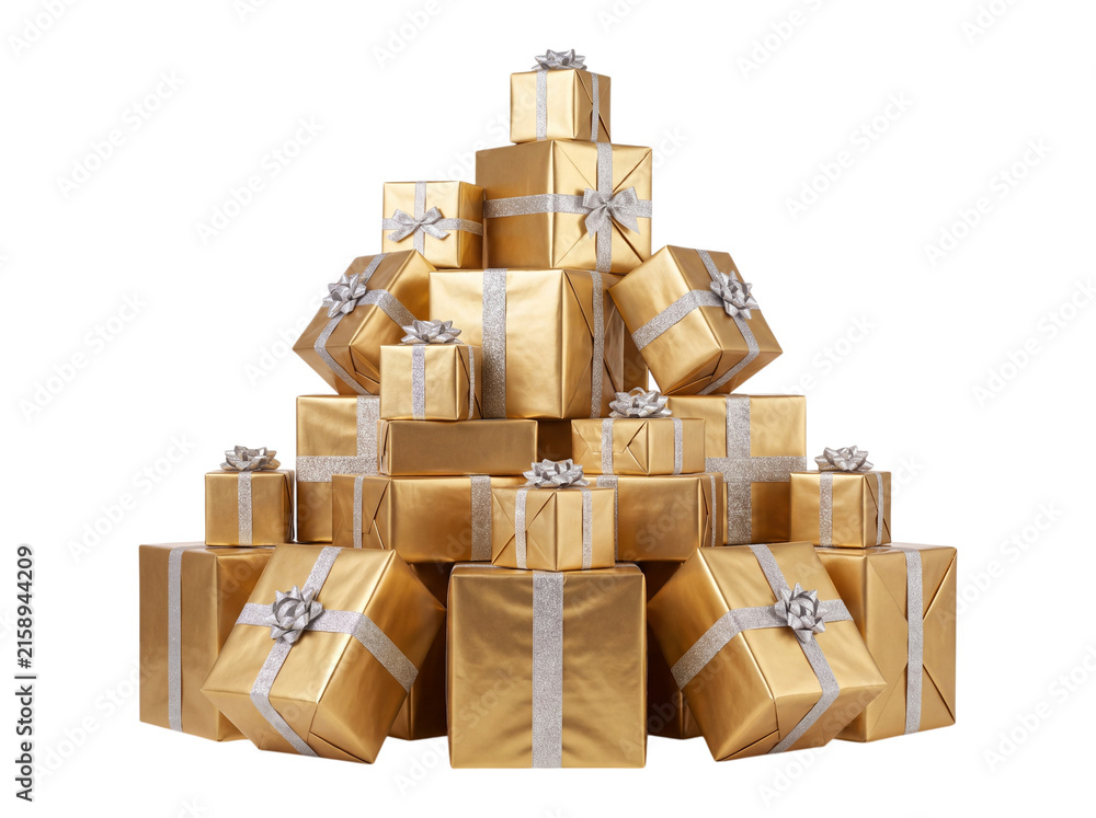 Fototapeta premium Stack of gold gift boxes isolated on transparent background