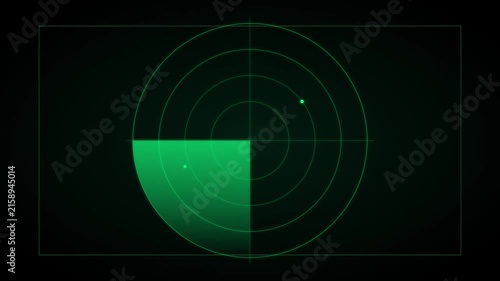Digital radar screen animation with scanning motion and target blips for military and technology interface