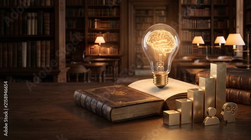 Antique Book With Glowing Brain Lightbulb And Golden Growth Chart Representing Academic Success