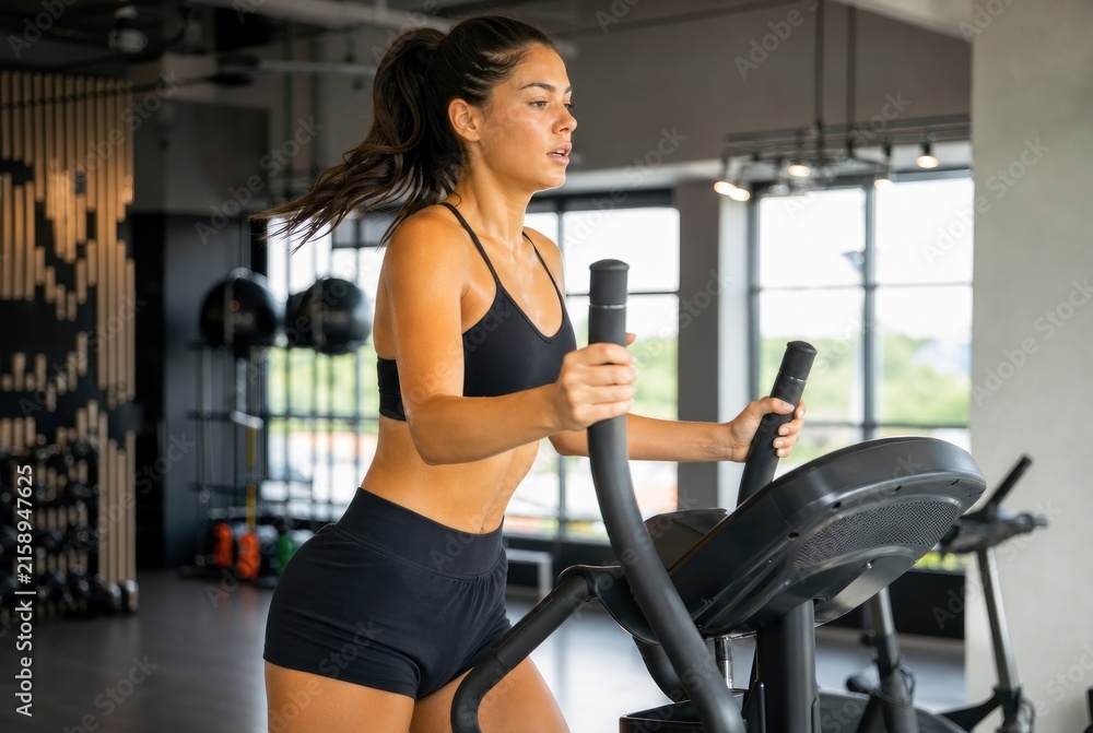 Fototapeta premium Dynamic young woman exercising on modern treadmill in well-lit gym with intense focus and athletic posture, professional fitness setting