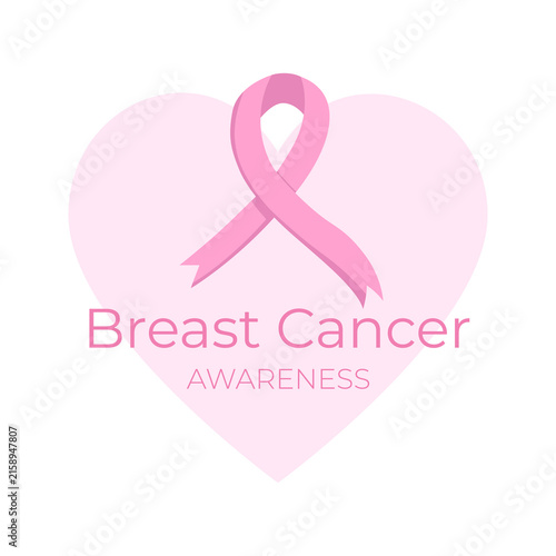 Breast Cancer Awareness Month. Design with a pink ribbon, a heart and typography. 