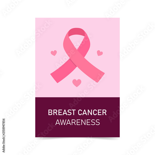 Breast Cancer Awareness Month. Design with a pink ribbon, hearts and typography. 