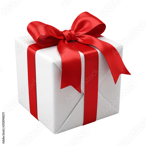 Obraz na plátne White gift box with red ribbon bow isolated on transparent background