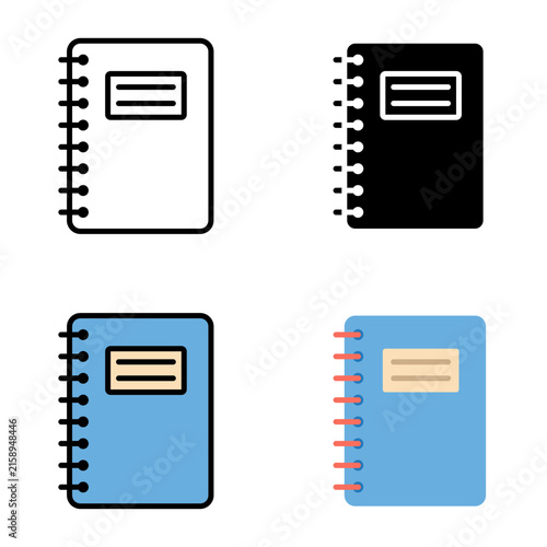 Back to school spiral notebook vector icon set featuring outline, flat, and solid styles for education, office stationery, and notepad graphic design.