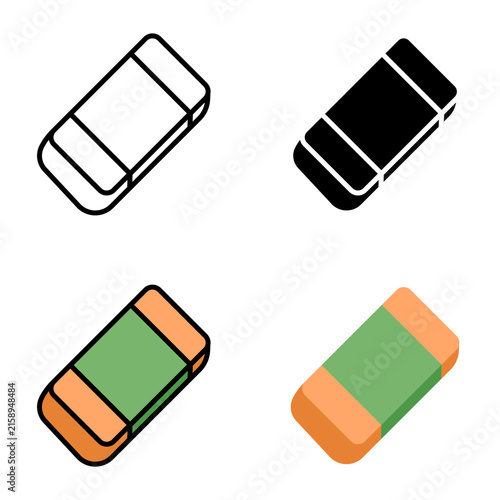 Back to school eraser and rubber vector icon set featuring stationery supplies for office and school illustration.