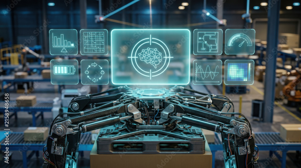 Fototapeta premium Close-up of a futuristic robotic lifting mechanism with a floating holographic digital interface showing AI brain and data analytics in a high-tech automated warehouse