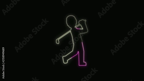  Golfer Icon Neon Seamless Loop 4K with Black Background Animated Promotional Typography for Video Editing