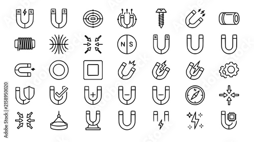 Картината върху платно Magnetism and Physics Line Icon Set Featuring Horseshoe Magnets Magnetic Fields