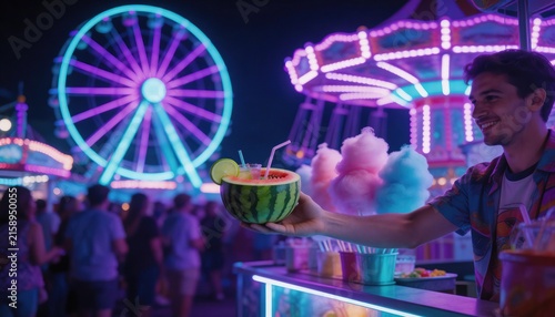 Night carnival with neon ferris wheel, swing ride and vendor offering a watermelon cocktail beside cotton candy