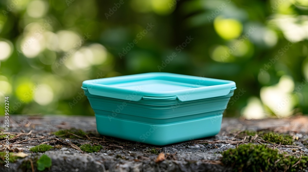 Fototapeta premium A teal collapsible food container sits on a mossy surface surrounded by blurred green foliage