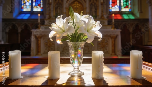 Lily bouquet ambiance. Tranquil church setting illuminated by stained glass and candles