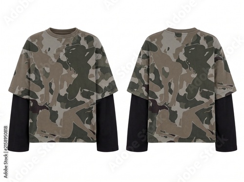 Front and back view of oversized camouflage long-sleeve t-shirt with hidden silhouette patterns