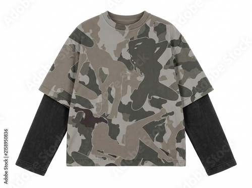 Layered Urban Streetwear Long Sleeve T-Shirt with Camouflage and Graphic Silhouettes