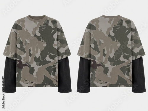 Front and Back View of a Modern Streetwear Camouflage Double Layer Long Sleeve T-Shirt with Graphic Silhouettes