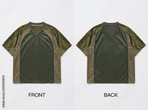 Front and back view of a professional olive green sports jersey mockup for apparel design.