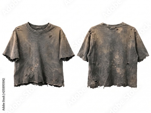 Front and Back View of Heavily Distressed and Dirty Oversized T-Shirt with Rips and Mud Stains Isolated on White