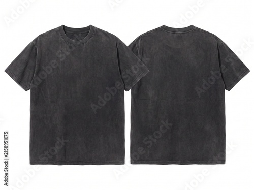 Black Oversized T-shirt Mockup Front and Back View, Vintage Acid Washed Heavyweight Cotton Tee Isolated on White Background