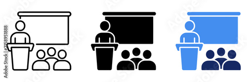 Obraz na plátne Presentation icon set with speaker at podium, business seminar lecture symbols,