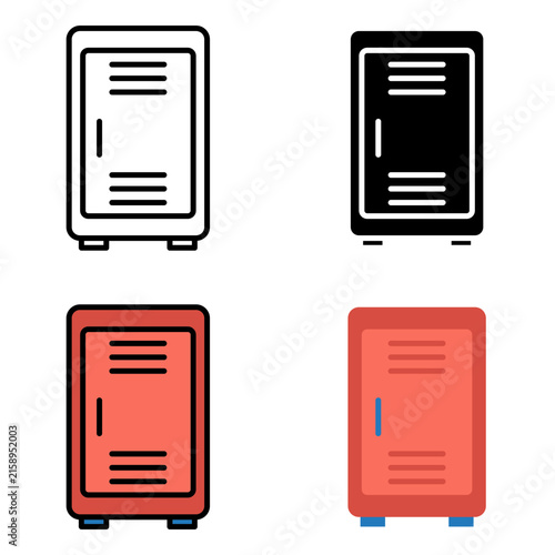Back to school locker icon set featuring flat vector illustrations of metal storage cabinets for gym, classroom, or office security.
