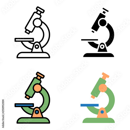 Back to school microscope icon set for science research and laboratory education, featuring vector illustrations in flat and outline styles for biology studies.