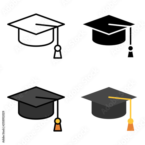 Graduation cap mortarboard icon set for back to school education, student university achievement, and academic diploma celebration vector illustration.