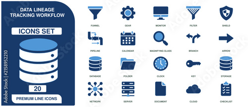 Принти на полотні Data lineage tracking workflow set with twenty blue and dark blue symbols for in
