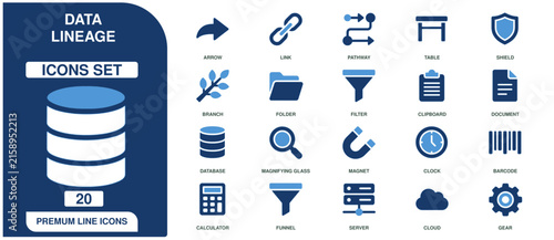Принти на полотні Data lineage set featuring twenty blue and dark blue symbols for information tra