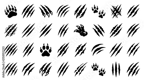 Animal Claw Scratch Marks and Paw Prints Silhouette Icon Set Featuring Wild Beast Shred Rip Scrapes Slash Tears and Predator Tracks for Aggressive Monster Sports Branding
