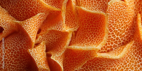 Closeup view of textured orange citrus peel with natural cellular pattern.