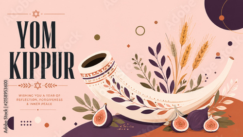 Yom Kippur Greeting Banner Featuring a Traditional Shofar, Botanical Branches and Elegant Hebrew-Inspired Holiday Typography