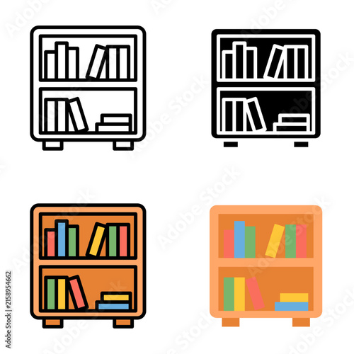 Back to school vector bookshelf icons and library bookcase illustration for educational furniture and books.
