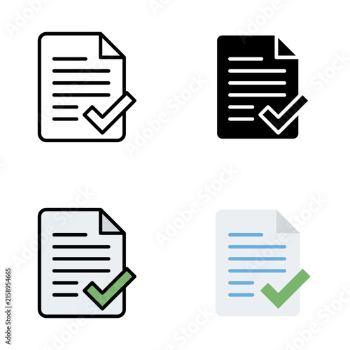 Back to school vector document checkmark icon set featuring approved paper sheets for test results, reports, and completed assignments.