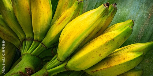 Close up of a bunch of ripening yellow and green bananas clustered together on a large tropical leaf.