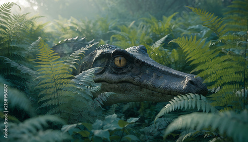 Close portrait of a scientifically accurate Spinosaurus hidden among ferns in a prehistoric rainforest
