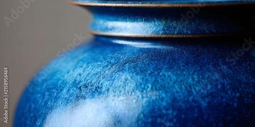 Close up view of textured blue ceramic vase with glossy finish