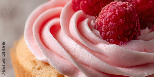 Closeup of a vanilla cupcake topped with swirled pink frosting and fresh raspberries