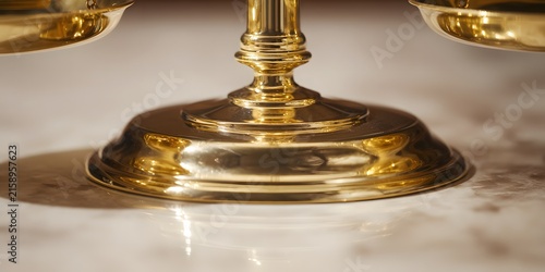 Golden candlestick base resting on white marble surface with soft lighting