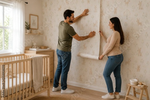 A happy expectant couple excitedly prepares the baby's room, organizing clothes and accessories while assembling a wooden crib in a bright nursery before the expected birth.