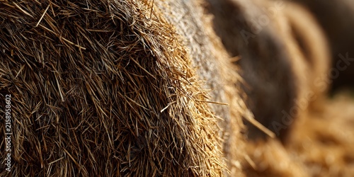 Closeup view of golden dried hay bales stacked in a rural outdoor setting